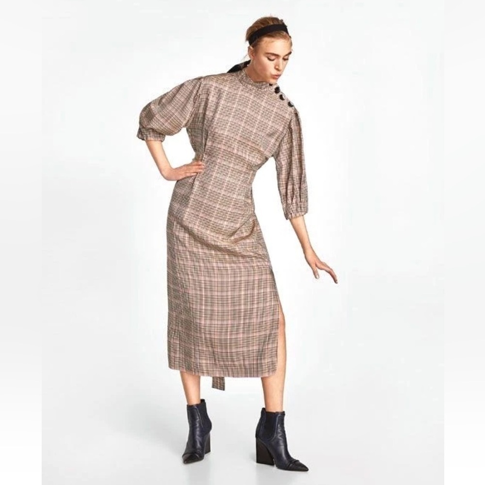 Zara Brown Plaid Checked Puff Sleeve Midi Dress Size Medium
